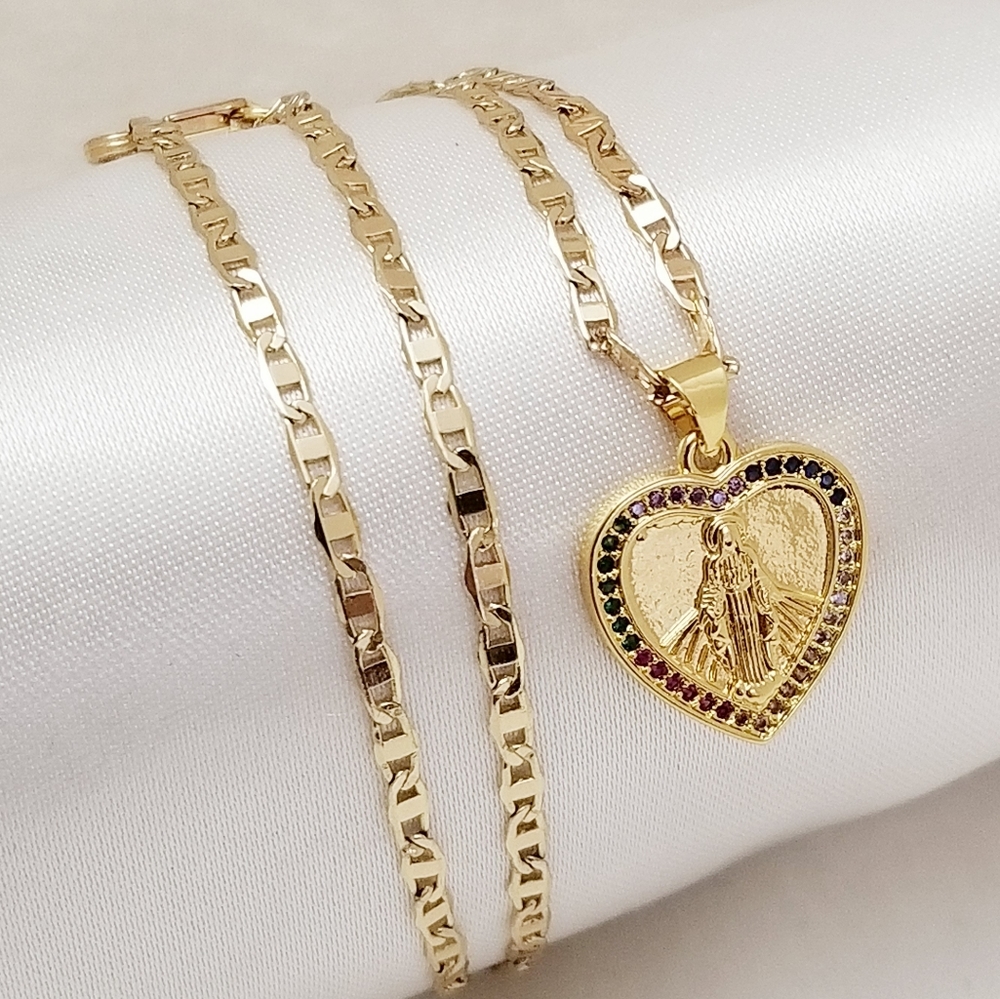 Virgin Mary Heart Women's Necklace. 14K Gold Plated. New